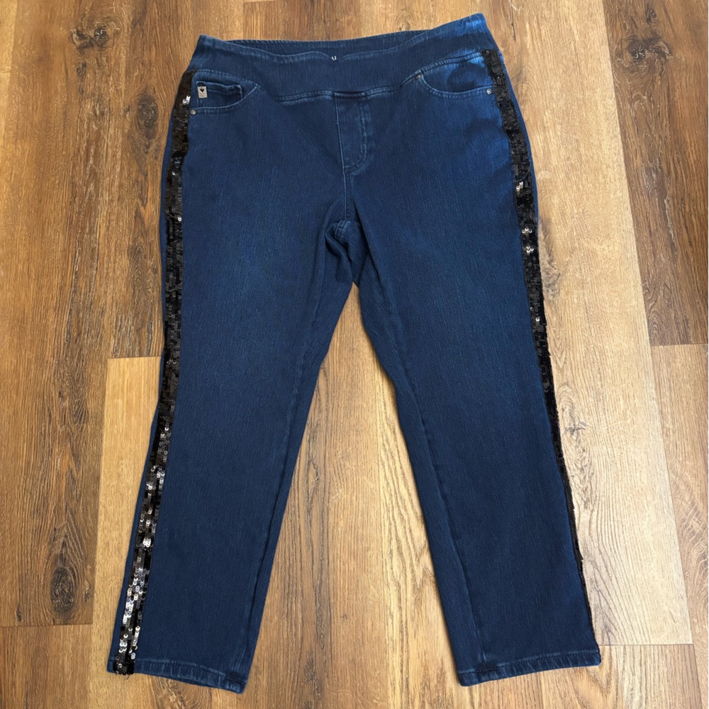 Belle by Kim Gravel Dark Blue Ankle Jeans with Sequin Trim